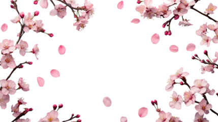 Pink cherry blossom branches and petals falling on transparent background