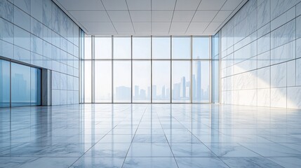 A spacious marble square is illuminated by soft morning light, showcasing sleek glass walls that offer a stunning view of the city skyline, enhancing the serene atmosphere
