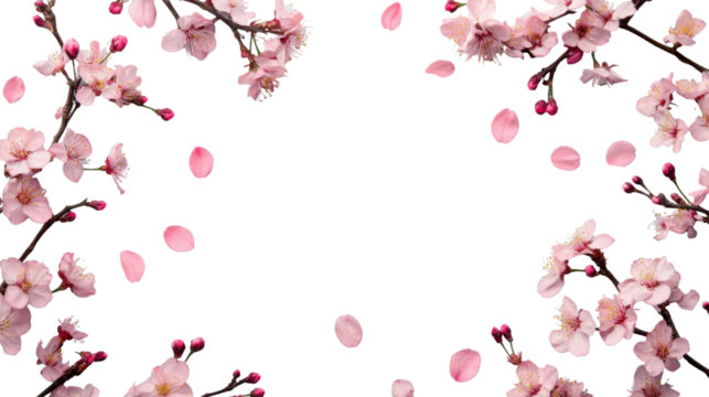 Pink cherry blossom branches and petals falling on transparent background