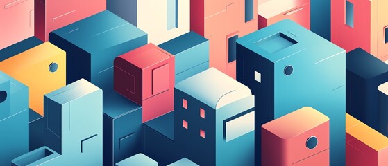 Obraz premium Abstract isometric city illustration. Colorful blocks form a vibrant urban landscape. Perfect for modern design projects.