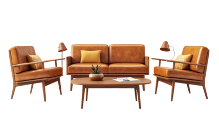 Stylish mid-century modern living room furniture set featuring warm leather and wooden accents for cozy interiors