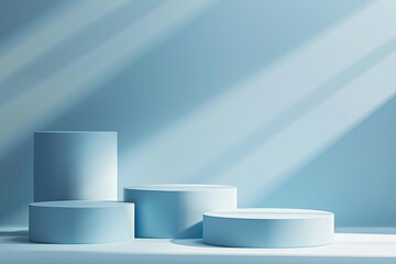 Light Blue Background with Podiums on Different Tiers for Product Presentation