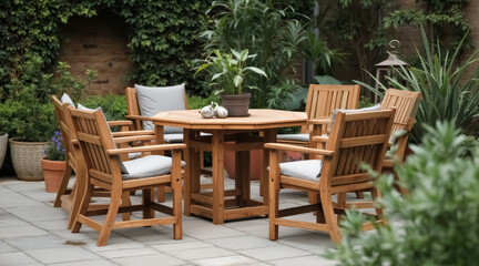 charming wooden patio set with grey cushions sits amidst a lush green