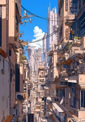 Urban landscape with futuristic buildings and narrow street view showcasing unique architecture and bright blue sky in a vibrant city setting.