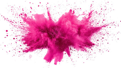 Pink powder explosion isolated on white background. Pink explosion transparent white background. Pink powder explosion on white background. Paint holi.