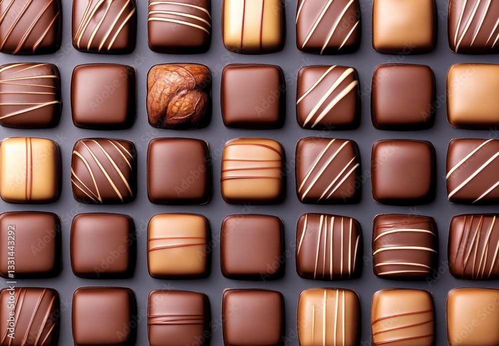 Poster assortment of dark and milk chocolate squares arranged in a grid pattern on a dark gray background. 