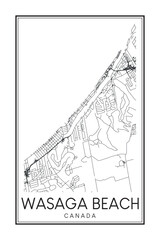 Obraz premium Hand drawn printable downtown road map poster of the Canadian town of WASAGA BEACH on solid white background with town name