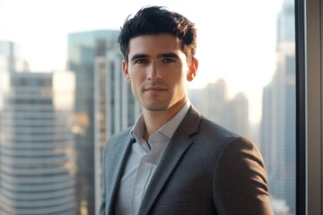 Fototapeta premium Confident young businessman in suit stands near window overlooking city skyline.