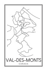 Hand drawn printable downtown road map poster of the Canadian town of VAL-DES-MONTS on solid white background with town name