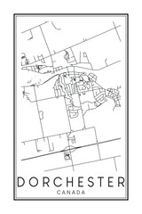 Hand drawn printable downtown road map poster of the Canadian town of DORCHESTER on solid white background with town name