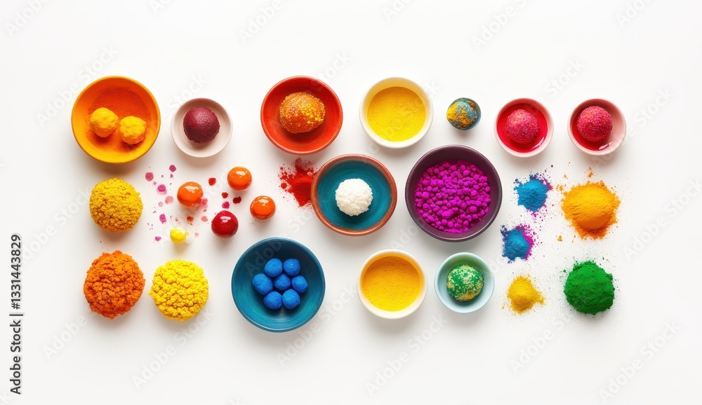 Poster Vibrant Array of Colorful Powders and Spherical Objects in Bowls Displaying a Rich Palette of Artistic Creativity and Playful Design Elements