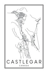Hand drawn printable downtown road map poster of the Canadian town of CASTLEGAR on solid white background with town name