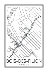 Hand drawn printable downtown road map poster of the Canadian town of BOIS-DES-FILION on solid white background with town name