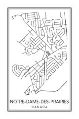 Hand drawn printable downtown road map poster of the Canadian town of NOTRE-DAME-DES-PRAIRIES on solid white background with town name