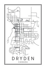 Hand drawn printable downtown road map poster of the Canadian town of DRYDEN on solid white background with town name