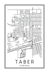 Hand drawn printable downtown road map poster of the Canadian town of TABER on solid white background with town name