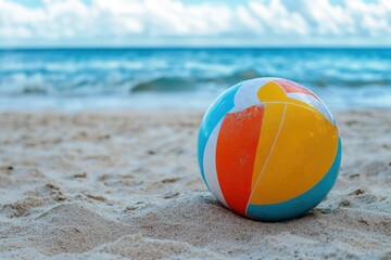 Obraz premium Beach ball sits on sand, colorful against ocean view.