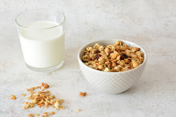 Granola with milk in a glass, a healthy and nutritious breakfast