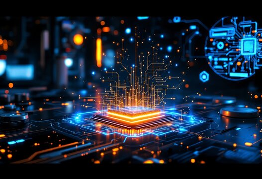 Visualization of an electronic microchip on a glowing and modern circuit board, symbolizing artificial intelligence, high-tech innovation, and technological breakthrough systems.