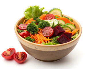 Fresh carrot, tomatto, brokoli, lettuce, beetroot, cucumber mixed salad in a earth bowl on white background