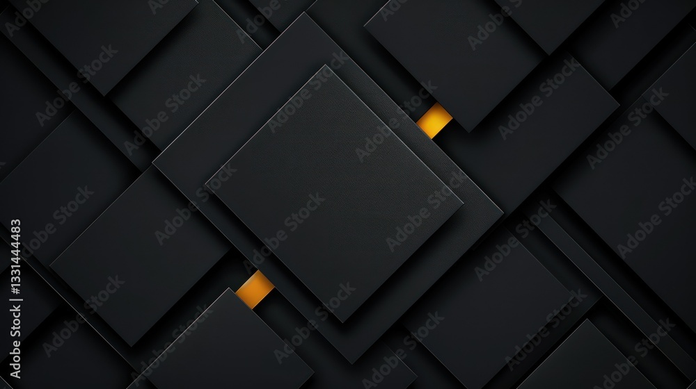 Poster geometric depth: an abstract composition featuring layered black square, subtly lit with a warm, ora