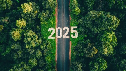 Aerial View of a Road Through a Lush Forest with 2025 Painted on the Asphalt Representing a Path to the Future and Environmental Sustainability