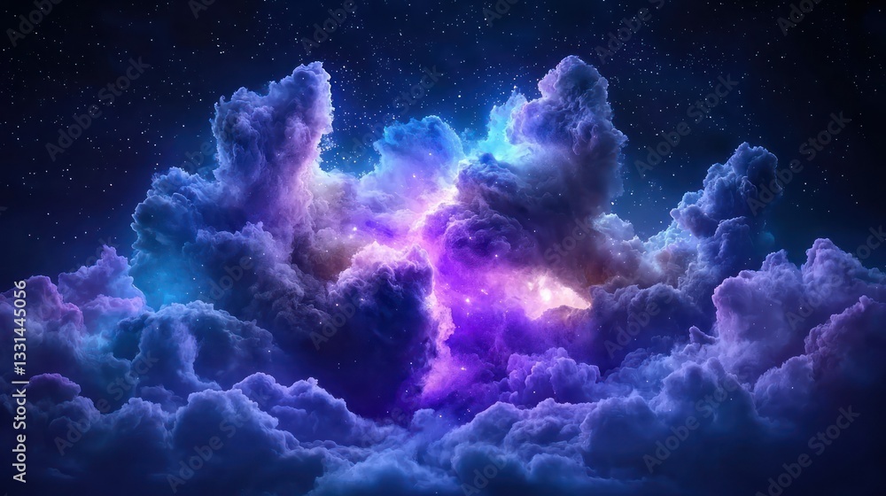 Poster celestial symphony: a mesmerizing view of colorful clouds in space, with a gradient of cosmic tones,