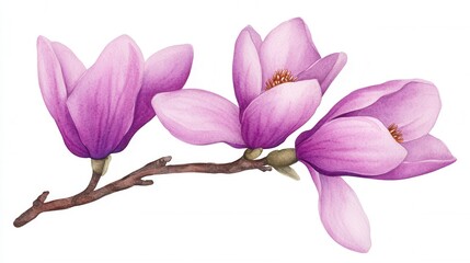 Obraz premium Watercolor painting of three delicate purple magnolia blossoms on a slender branch. Soft lighting enhances the floral details.