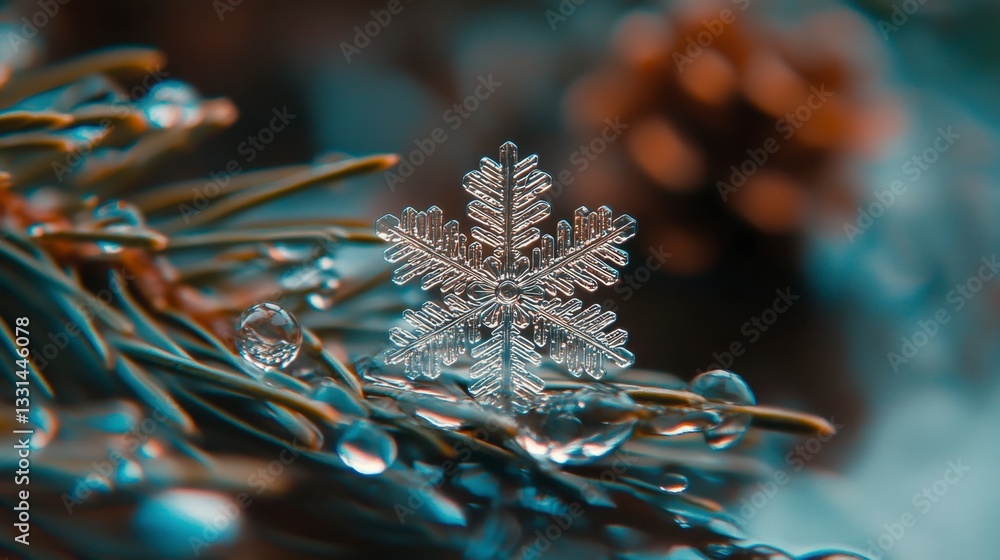 Poster close up of a single, detailed snowflake resting on a pine branch with water droplets. soft, muted c