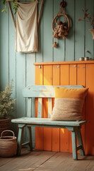 rustic teal wooden bench with knitted cushion in sunlit room