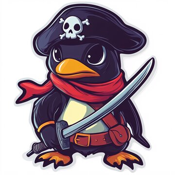 A cartoon sticker logo of a pirate penguin with a laser sword