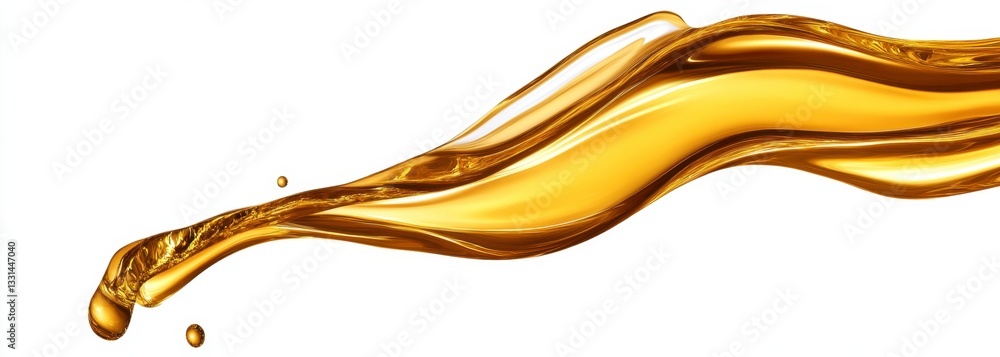 Poster golden liquid flowing dynamically, creating a wave like shape against a white background. the liquid