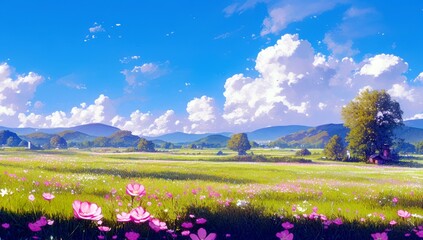 Vibrant Spring Landscape with Pink Flowers, Blue Sky, Scenic Mountains, and Fluffy Clouds in a Serene Field Underscored by Nature’s Beauty