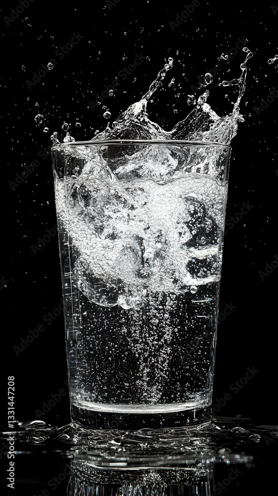 Poster close up of a tall glass filled with sparkling water against a black background. the water is splash