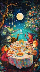Naklejka premium Whimsical fantasy art of creatures enjoying a moonlit feast. Vibrant colors and fantastical elements create a magical scene.