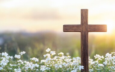 Holy Cross and Christian Resurrection Symbols. A wooden cross stands amidst blooming flowers under a serene sky at sunset.