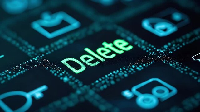 Close-up of a futuristic keyboard with " DELETE "neon glowing key , future technology concept