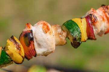 Kolorowy szaszłyk z kurczakiem i warzywami ugrillowany na grillu