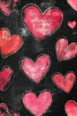 Seamless pattern of pink and red hearts on a dark distressed background