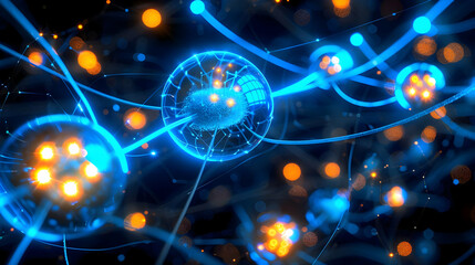 Obraz premium The image shows an abstract glowing network, with blue orbs connected by lines and filled with orange lights