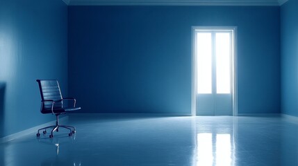 Empty office room with a single chair, bright light from an open door, blue walls, and shiny floor. Minimalist and serene atmosphere.
