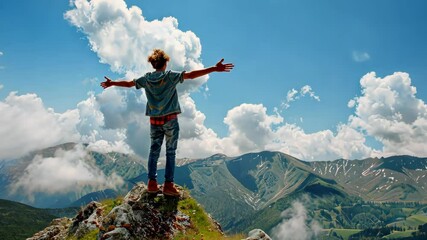 Ambitious youth with arms wide open atop a mountain for International Youth Day. International Youth Day