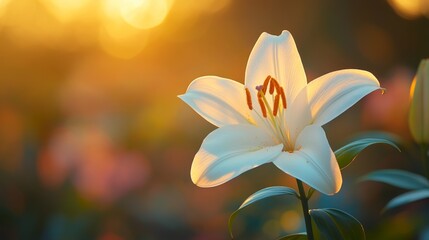 Fototapeta premium Christian Resurrection Symbols. A stunning close-up of a white lily blooming in soft golden light.