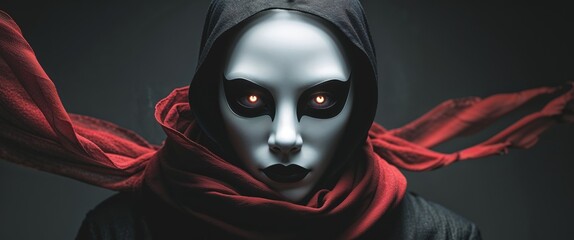 Mysterious Masked Figure with Red Scarf and Glowing Eyes.