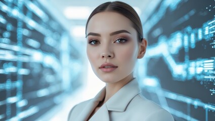 Model posing in front of abstract background representing big data technology.