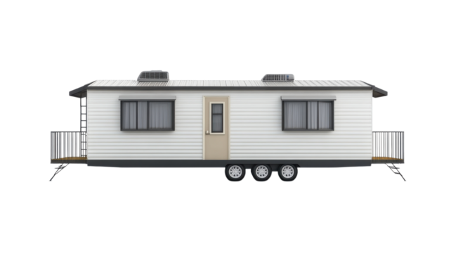 Modern mobile home parked on a flat surface with easy access steps and windows, showcasing a practical living space design