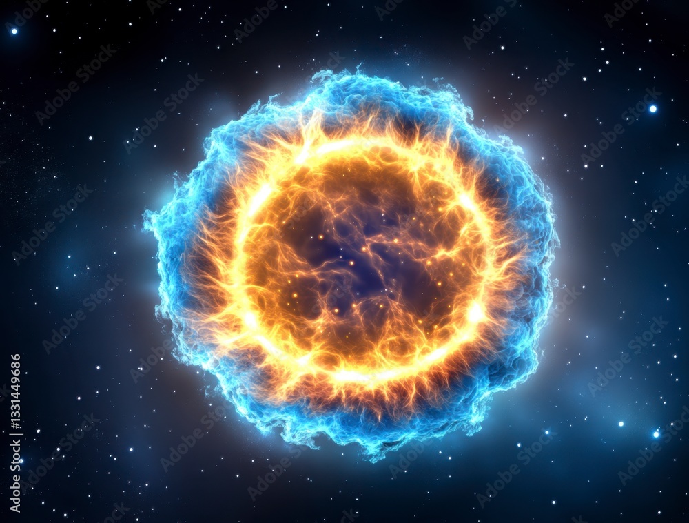 Aufkleber abstract cosmic sphere with a fiery core, surrounded by a cool blue nebula in a dark space backgroun