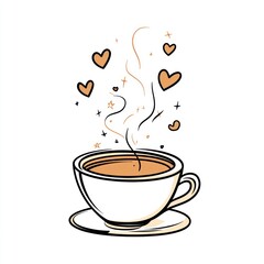 Warm, comforting cup of coffee, filled with love.  A simple, charming illustration of a steaming cup of coffee, with hearts and swirls of steam