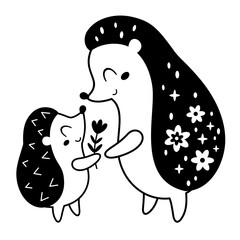 Black and white hedgehogs clipart. Happy Mothers day clipart. Mom and baby animals doodle in cartoon flat style. Hand drawn vector illustration