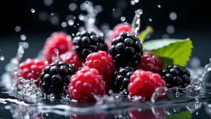 Fresh raspberries and blackberries splash in water, creating an eye-catching and vibrant display
